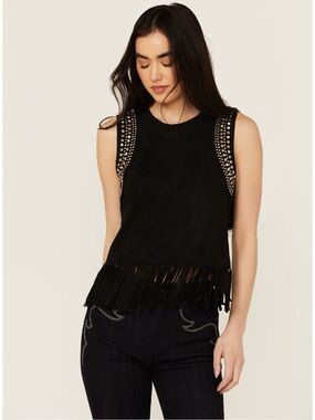 Idyllwind Black Studded Fringe Sleeveless Co Top Western Rodeo